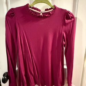 Boden Fuchsia Long Sleeve Top with Ruffled Neckline